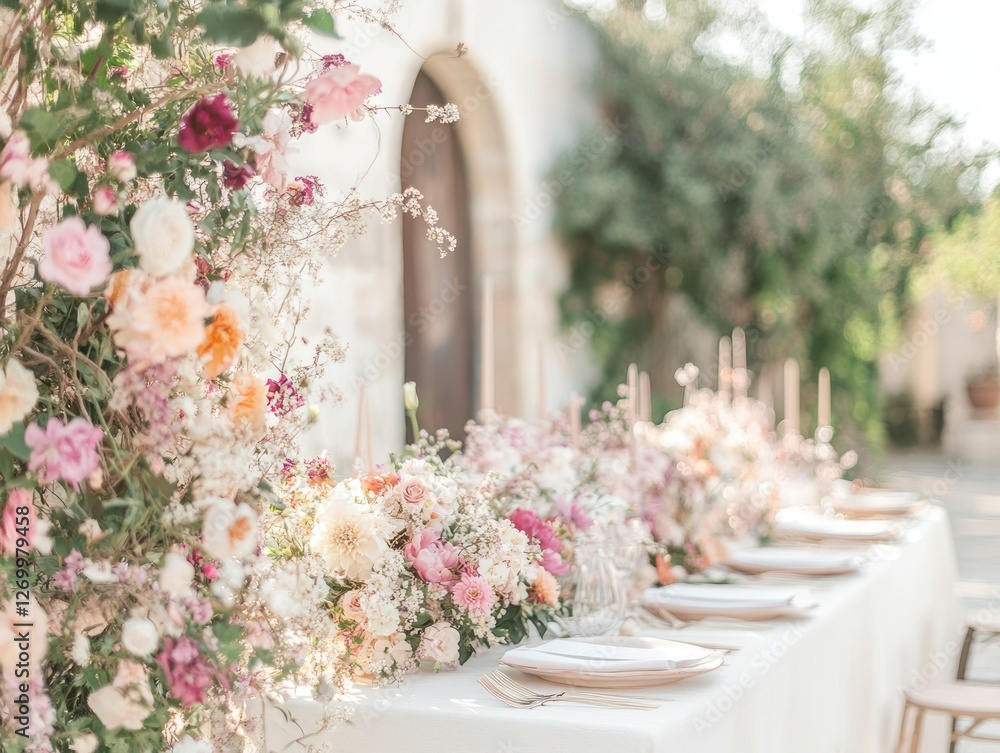 Fototapeta premium Elegant wedding table setting with floral decorations and pastel color palette