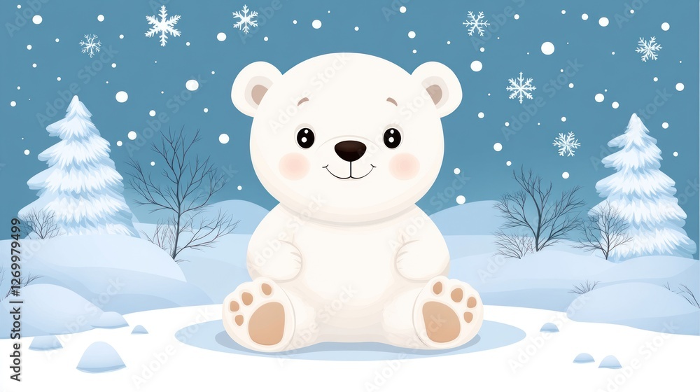 Cute cartoon polar bear sitting in a winter landscape Cute cartoon polar bear sitting in a winter landscape