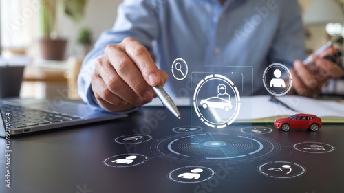 Man manages carsharing services with digital icons on a desk photo