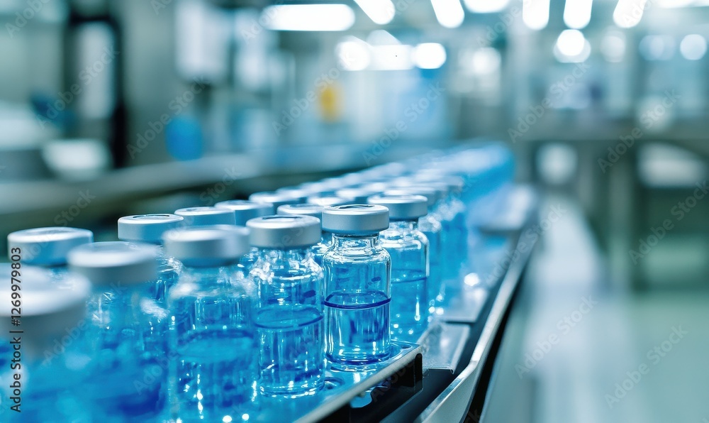 Vials of blue injection solution lined up in a laboratory setting.