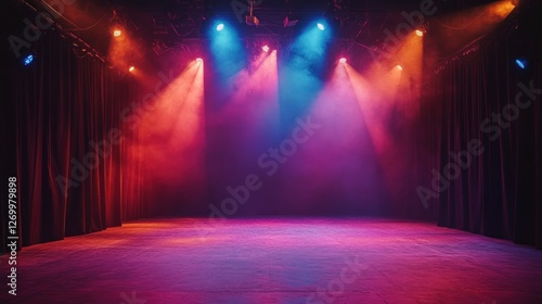 Dramatic Stage Lighting with Red Curtains and Vibrant Color Hues