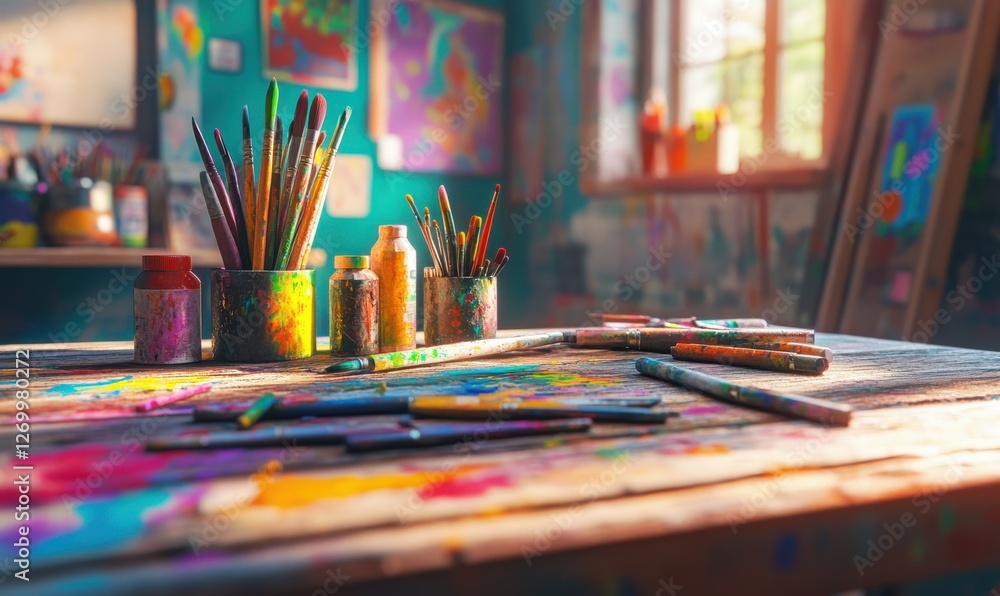 Creative close-up of colorful art supplies on a wooden table, vibrant tones enhanced by natural light. Creative close-up of colorful art supplies on a wooden table, vibrant tones enhanced by natural light.