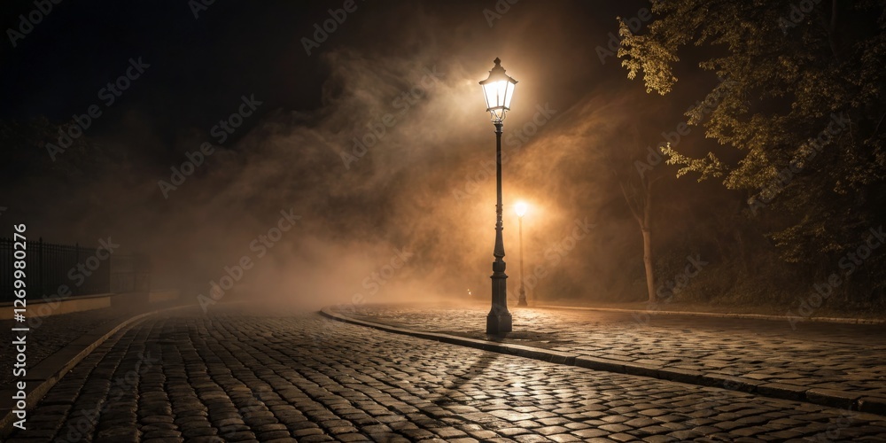 Mysterious street illuminated by a vintage lamp under a foggy night sky
