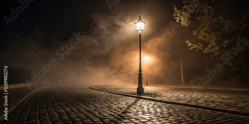 Obraz na płótnie Mysterious street illuminated by a vintage lamp under a foggy night sky w salonie
