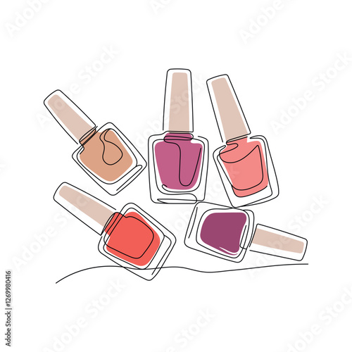 Nail polish bottles one line continuous line. Outline line art nail polish bottle. Beauty salon concept. Hand drawn vector art isolated on white background.