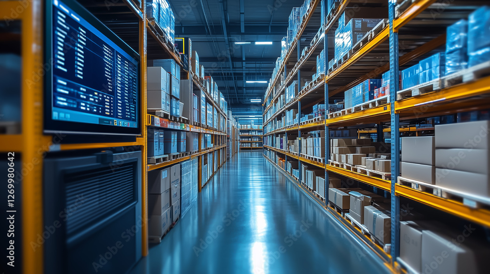 Fototapeta premium Warehouse interior with organized shelves storing various packages and products in a well-lit environment
