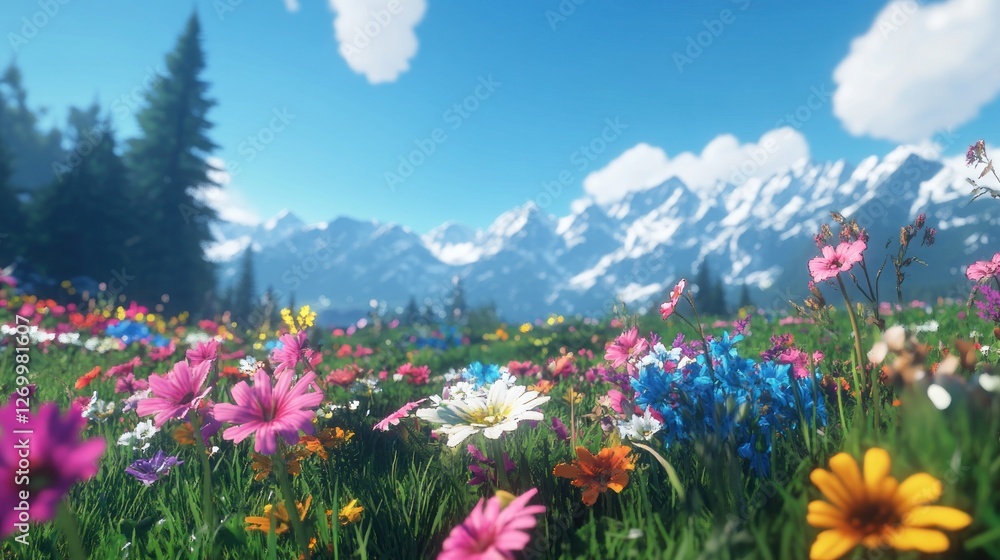 Obraz premium Vibrant Wildflower Meadow with Snow-Capped Mountains in the Background
