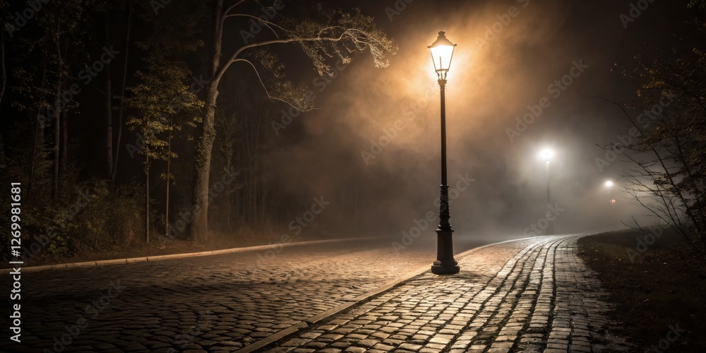 Cobblestone path illuminated by vintage street lamp under foggy night sky
