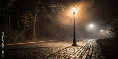 Obraz na płótnie Cobblestone path illuminated by vintage street lamp under foggy night sky w salonie