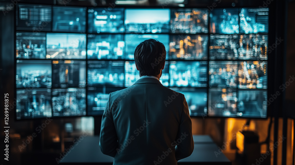 Professional analyzing multiple data screens in a modern office at night for strategic decision making Professional analyzing multiple data screens in a modern office at night for strategic decision making