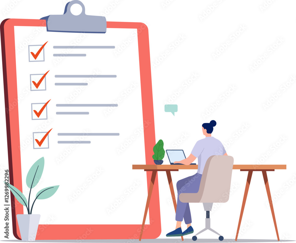Illustration of a Person Working at a Desk with a Large Checklist on a Clipboard in the Background, Conveying Productivity and Organization Illustration of a Person Working at a Desk with a Large Checklist on a Clipboard in the Background, Conveying Productivity and Organization