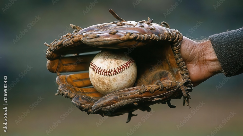 Action shots, close-up of hands catching a baseball in a glove during a game Action shots, close-up of hands catching a baseball in a glove during a game