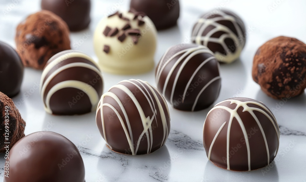 Glossy chocolate truffles with a mix of cocoa dusting and smooth textures, arranged elegantly on a marble surface for a decadent treat Glossy chocolate truffles with a mix of cocoa dusting and smooth textures, arranged elegantly on a marble surface for a decadent treat