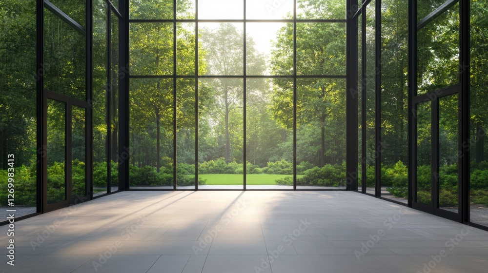 Modern glass walls, forest view, empty room, daylight, interior design, for commercial use Modern glass walls, forest view, empty room, daylight, interior design, for commercial use