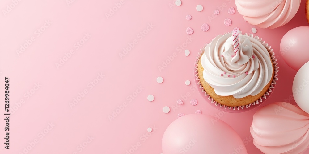 Pink Birthday Cupcake With Balloons And Sprinkles