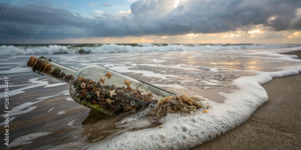 Message in a bottle washed ashore at sunset on a serene beach