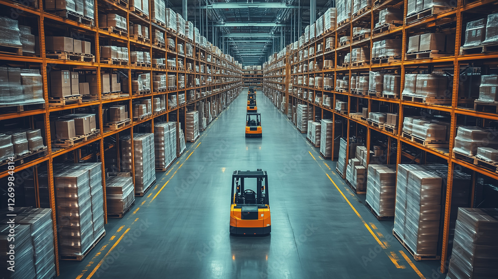 Fototapeta premium Forklifts maneuvering through a large warehouse filled with neatly stacked pallets in an organized space