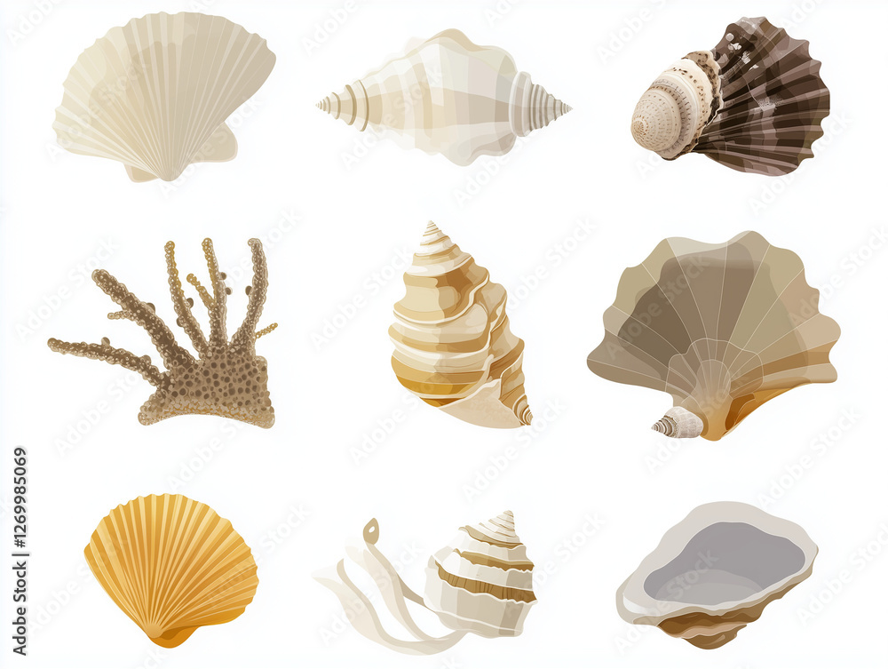 Fototapeta premium Icônes de coquillages sur fond blanc, flat design