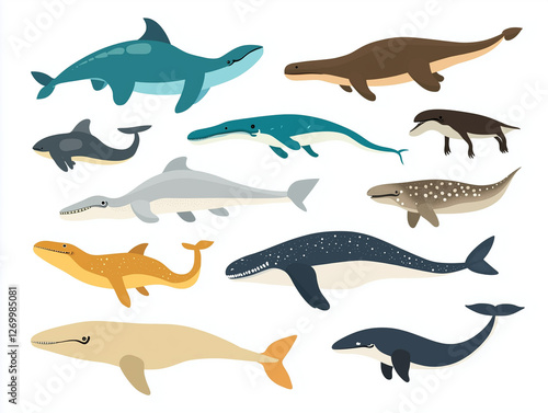 Icônes de dinosaures marins sur fond blanc, flat design photo