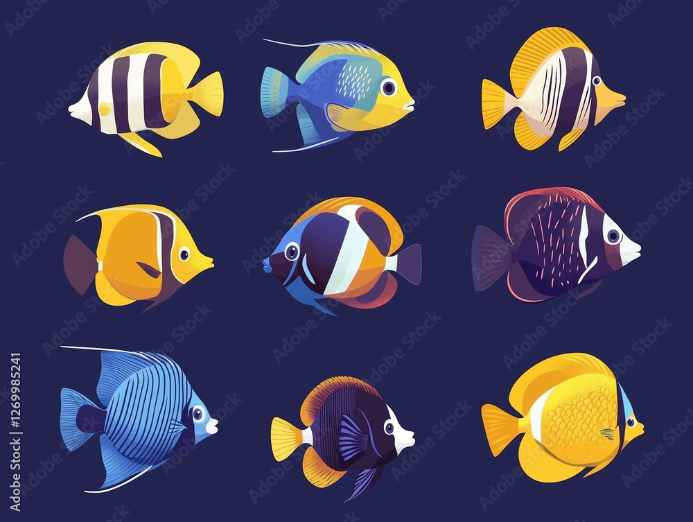 Fototapeta premium Icônes de poissons tropicaux sur fond bleu, flat design