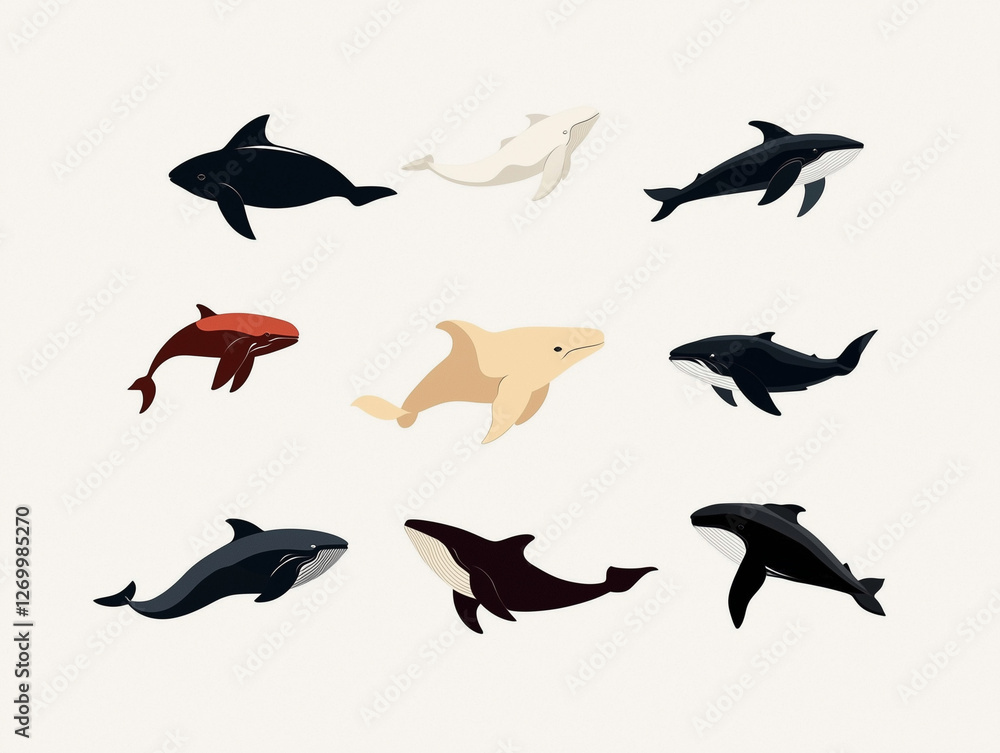 Fototapeta premium Icônes de baleines sur fond blanc, flat design