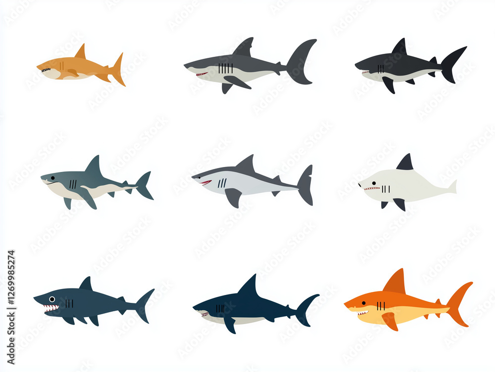 Icônes de requins sur fond blanc, flat design Icônes de requins sur fond blanc, flat design