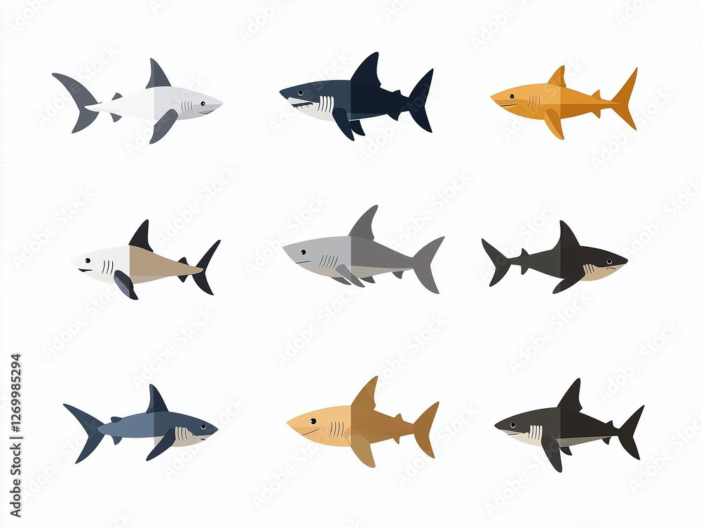 Fototapeta premium Icônes de requins sur fond blanc, flat design