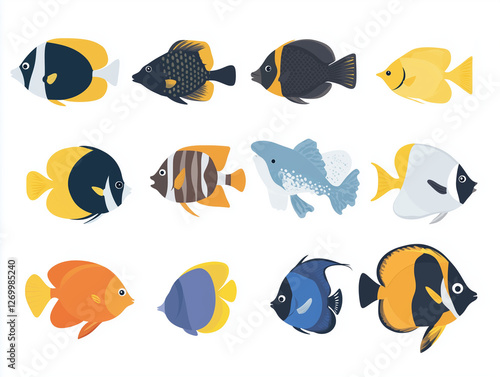 Icônes de poissons de récif sur fond blanc, flat design photo