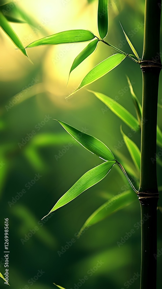 Obraz premium Fresh bamboo leaves and dark stem against soft green background with natural bokeh effect, captured in morning light. Suitable for wellness and spa designs.