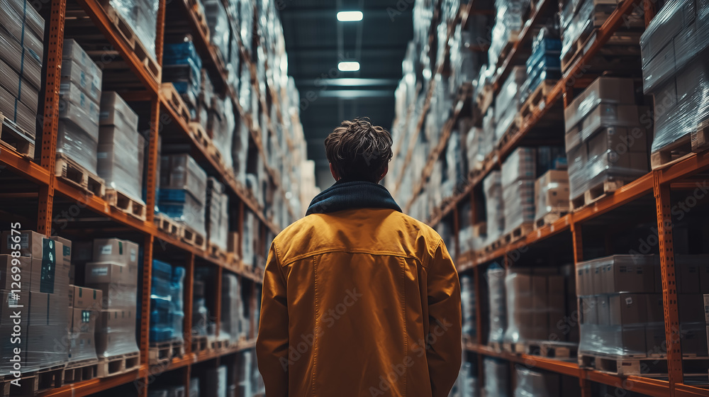 Obraz premium Person in yellow jacket exploring a warehouse filled with neatly stacked boxes during evening