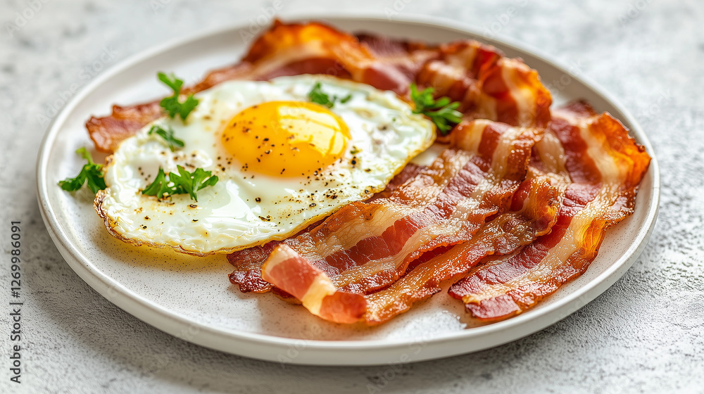Crispy bacon served with sunny-side-up eggs on minimal white plate with bright studio lighting_2 Crispy bacon served with sunny-side-up eggs on minimal white plate with bright studio lighting_2