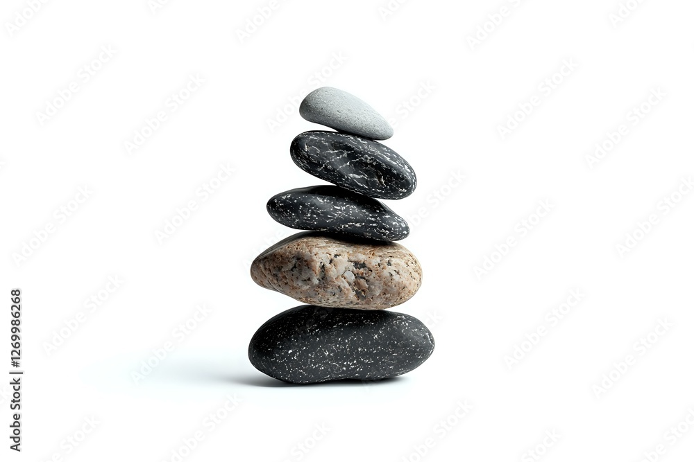 Balanced stack of zen stones on white background, black and grey river rocks in harmony arrangement for meditation and spa wellness concepts. Balanced stack of zen stones on white background, black and grey river rocks in harmony arrangement for meditation and spa wellness concepts.