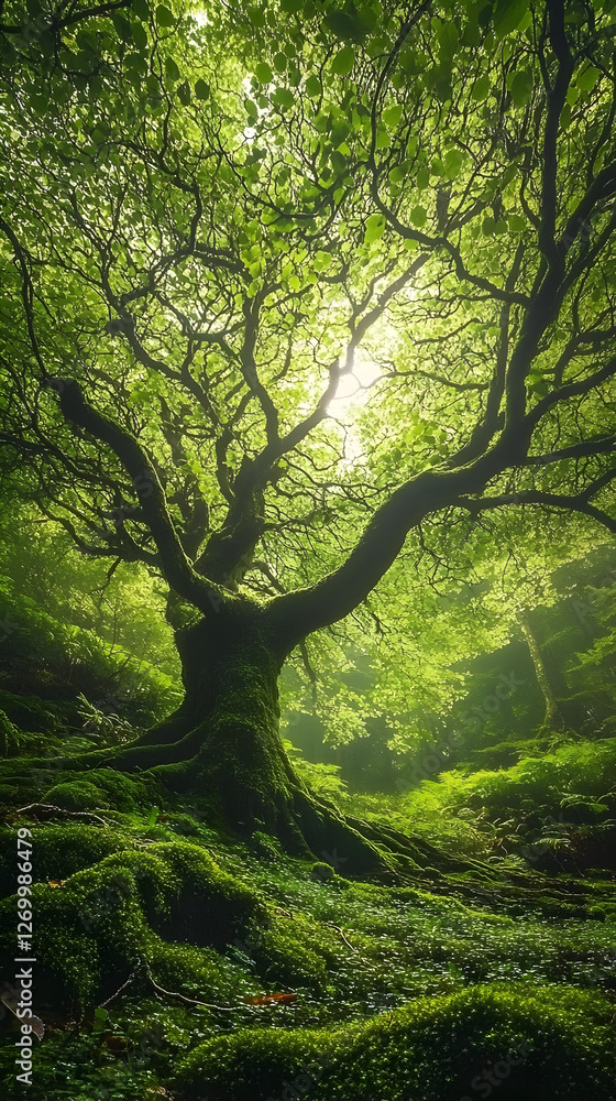 Fototapeta premium Lush Green Forest: Tranquil Nature Photography Capturing Sunlight and Foliage in a Vibrant, Serene Woodland Landscape