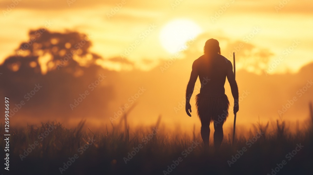 Prehistoric Man Walking Sunrise, Forest Background, Wilderness Exploration, Stock Photo
