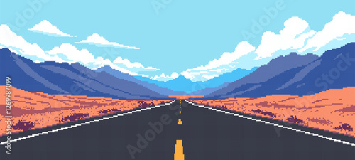 8-bit Pixel art road with mountains in the background. a video game aesthetic. an empty middle of the screen. retro video game graphics. vector illustration.