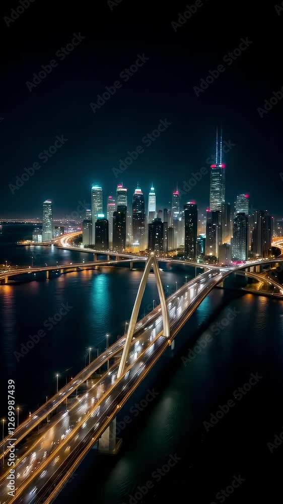 Night Cityscape with Highway Overpasses, Skyscrapers, and Water Reflection. Modern Urban Transportation, Technology, and Infrastructure. 4K Seamless Loop Vertical Video. VJ loop Night Cityscape with Highway Overpasses, Skyscrapers, and Water Reflection. Modern Urban Transportation, Technology, and Infrastructure. 4K Seamless Loop Vertical Video. VJ loop