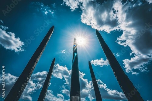 Sunny weather highlights the silhouettes of antiaircraft rockets against the South Korean flag photo