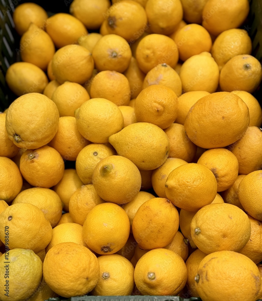 Ripe fresh yellow lemons on the shelf of a fruit supermarket are displayed for sale Ripe fresh yellow lemons on the shelf of a fruit supermarket are displayed for sale