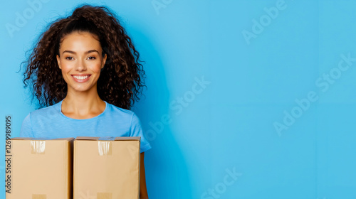 A woman holding two boxes in front of a blue wall photo