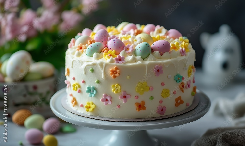 Elegant Easter cake covered in white frosting, topped with sugar flowers and miniature eggs. Elegant Easter cake covered in white frosting, topped with sugar flowers and miniature eggs.