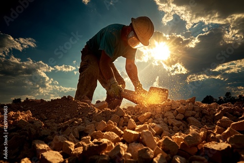 Destruction and reconfiguration: a worker with a sledgehammer tearing down a wall photo