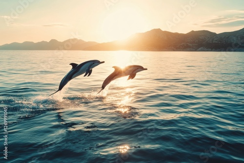 Dolphins jumping out of the water at sunset
