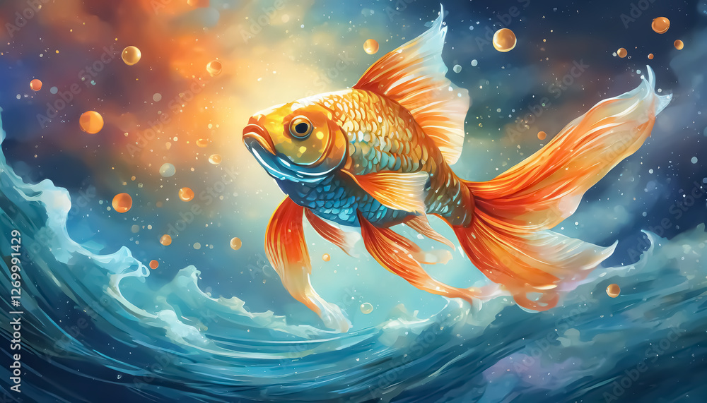Vibrant Goldfish Leaping from Water with Bokeh Background. Vibrant Goldfish Leaping from Water with Bokeh Background.