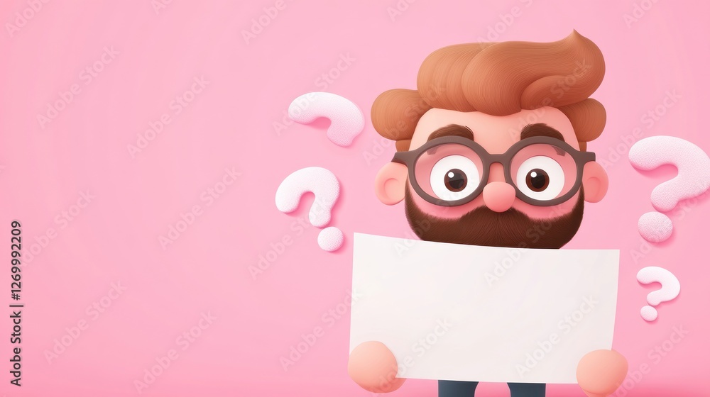 Cartoon man character with question marks holding blank sign Cartoon man character with question marks holding blank sign