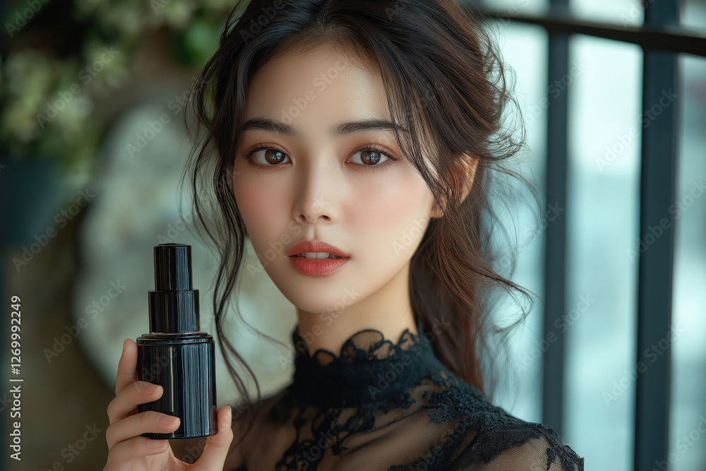 Advertising of high-quality cosmetics for stores and salons. A beautiful, young Asian model holds a black cosmetic bottle in her hand. Rejuvenating serum. Advertising of high-quality cosmetics for stores and salons. A beautiful, young Asian model holds a black cosmetic bottle in her hand. Rejuvenating serum.