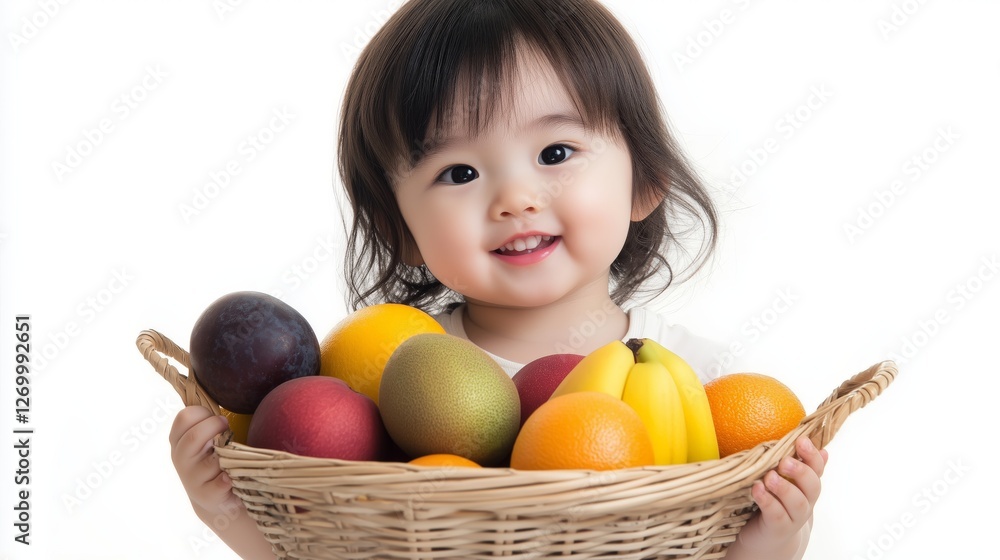 Adorable toddler holding fruit basket. Baby girl smiles colorful fruits. AI generated Adorable toddler holding fruit basket. Baby girl smiles colorful fruits. AI generated