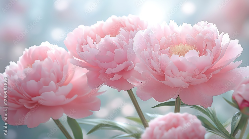 Beautiful pink peonies bloom in a serene garden setting during springtime sunlight Beautiful pink peonies bloom in a serene garden setting during springtime sunlight