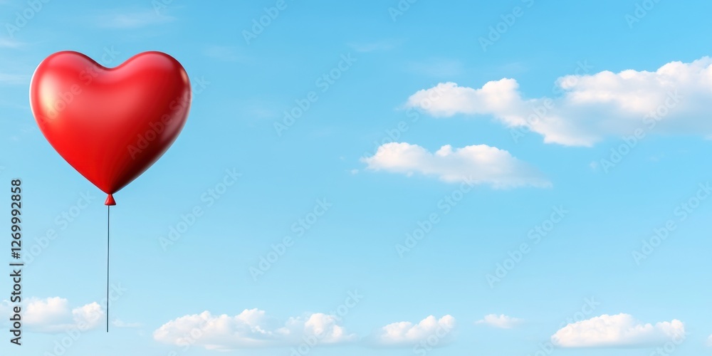 Red Heart Shaped Balloon Soaring In A Blue Sky Red Heart Shaped Balloon Soaring In A Blue Sky