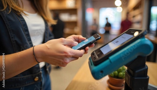 Close up shot of young woman paying contactless on a POS in a shop. She is using her phone.