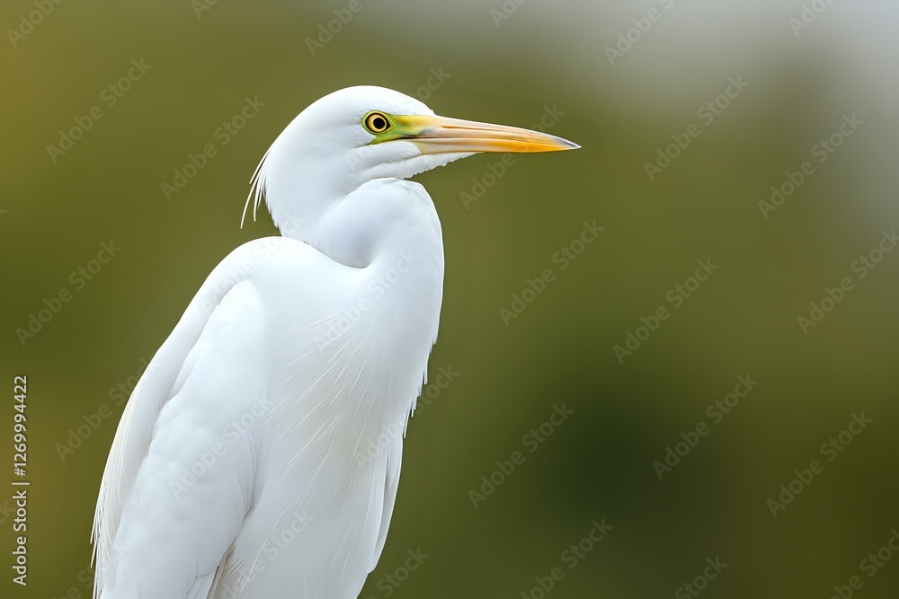 Majestic great egret with bright yellow eye and orange beak in profile view against soft green background, displaying elegant white plumage and graceful neck posture. Majestic great egret with bright yellow eye and orange beak in profile view against soft green background, displaying elegant white plumage and graceful neck posture.